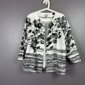 Chico's 3 Womens 16 / 18 Floral Black White Embellished Linework Jacket Cardigan